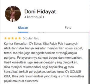 Testimoni Google Review Doni Hidayat tentang Konsultan Pajak Bandung CV Solusi Kita