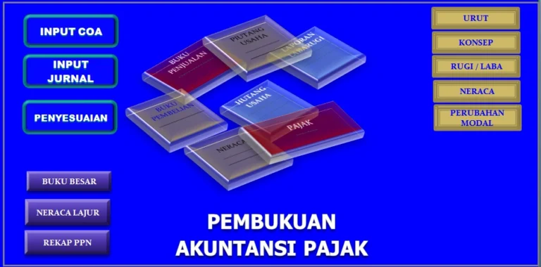 Tampilan visual pembukuan akuntansi pajak dengan menu input COA, jurnal, penyesuaian, neraca, rugi laba, dan rekap PPN.