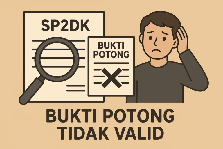Ilustrasi animasi SP2DK dengan bukti potong tidak valid dan karakter pria yang terlihat bingung
