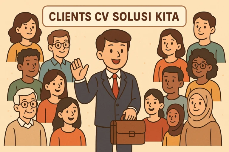 Ilustrasi animasi klien CV Solusi Kita dengan banyak klien dalam nuansa warna netral dan profesional