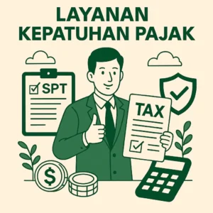 Ilustrasi layanan kepatuhan pajak CV Solusi Kita: konsultan memegang dokumen TAX, ikon SPT, kalkulator, perisai ceklis, nuansa hijau.