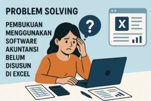 Ilustrasi animasi problem solving pembukuan menggunakan software akuntansi yang belum disusun di Excel