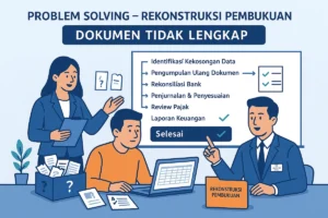 Ilustrasi CV Solusi Kita merekonstruksi pembukuan saat dokumen tidak lengkap—identifikasi kekosongan, kumpulkan ulang bukti, rekonsiliasi bank, penjurnalan, hingga laporan keuangan selesai.