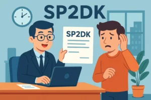 Animasi petugas pajak memberikan surat SP2DK kepada wajib pajak yang terlihat khawatir di kantor