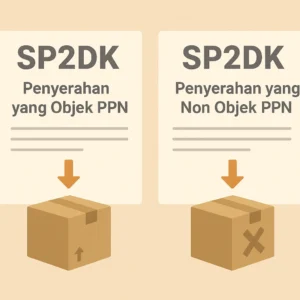 Ilustrasi animasi SP2DK yang membandingkan penyerahan objek PPN dan non objek PPN dalam bentuk visual kotak dengan tanda panah dan tanda silang