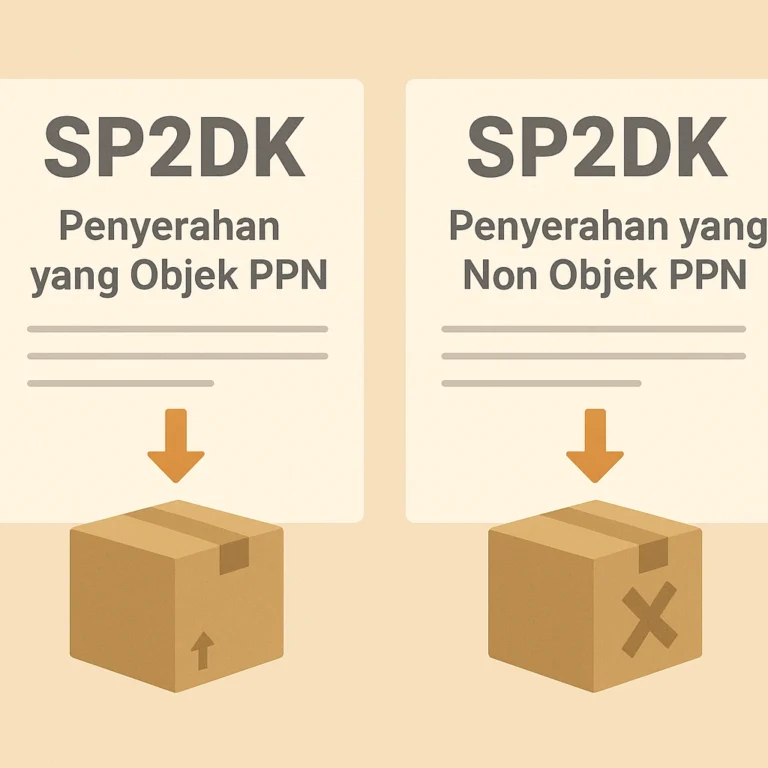 Ilustrasi animasi SP2DK yang membandingkan penyerahan objek PPN dan non objek PPN dalam bentuk visual kotak dengan tanda panah dan tanda silang
