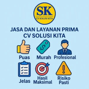 Animasi layanan prima CV Solusi Kita Bandung dengan ikon puas, murah, profesional, jelas, hasil maksimal, dan risiko pasti.