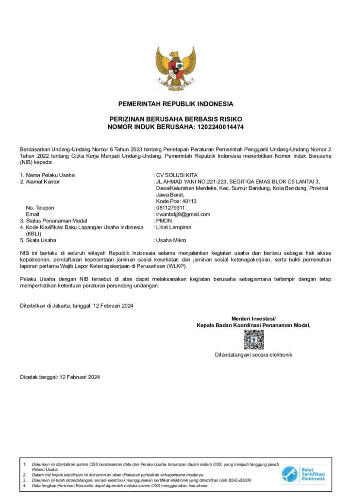 NIB CV Solusi Kita – Legalitas Resmi Konsultan Pajak Bandung dengan izin Kuasa Hukum Pajak dan layanan pendampingan pajak profesional