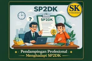 Animasi petugas pajak memberikan surat SP2DK kepada wajib pajak yang terlihat khawatir di kantor