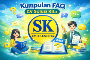 Ilustrasi animasi Kumpulan FAQ CV Solusi Kita dengan logo SK, menampilkan panduan tanya jawab seputar layanan pajak dan akuntansi