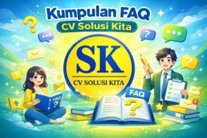 Ilustrasi animasi Kumpulan FAQ CV Solusi Kita dengan logo SK, menampilkan panduan tanya jawab seputar layanan pajak dan akuntansi