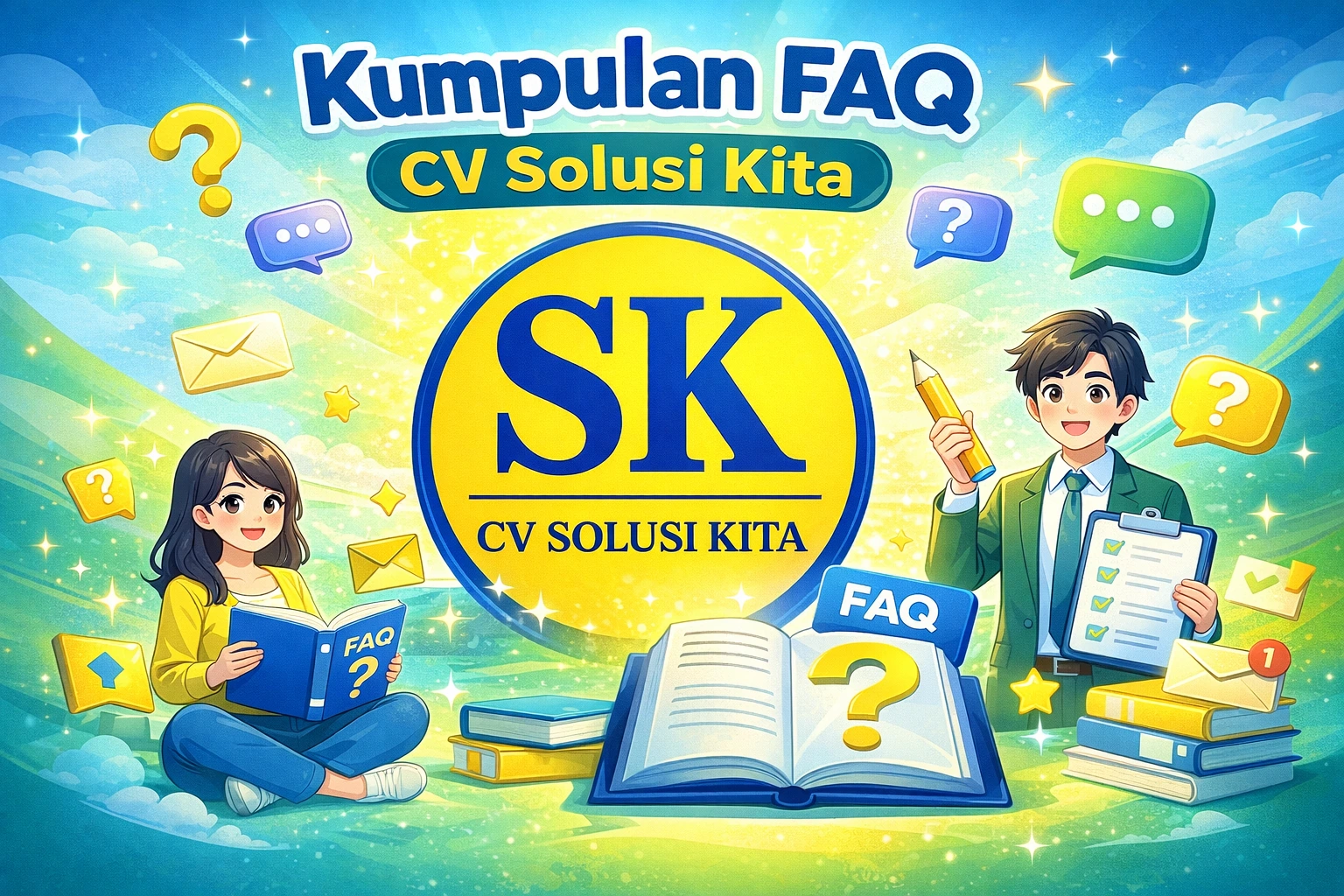 Ilustrasi animasi Kumpulan FAQ CV Solusi Kita dengan logo SK, menampilkan panduan tanya jawab seputar layanan pajak dan akuntansi