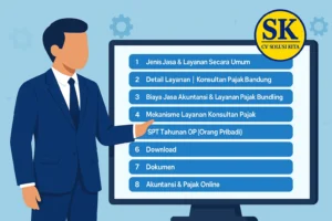 Ilustrasi layanan konsultan pajak dan akuntansi CV Solusi Kita di Bandung lengkap dengan daftar jasa dan logo cv solusi kita.