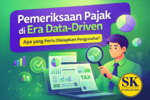 Ilustrasi pemeriksaan pajak era data-driven oleh CV Solusi Kita dengan warna hijau ungu dan logo SK