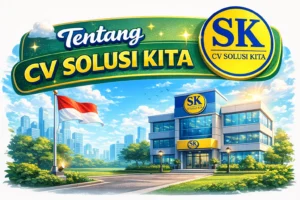 Ilustrasi animasi Tentang CV Solusi Kita menampilkan kantor dengan logo SK dan bendera Merah Putih di depan gedung