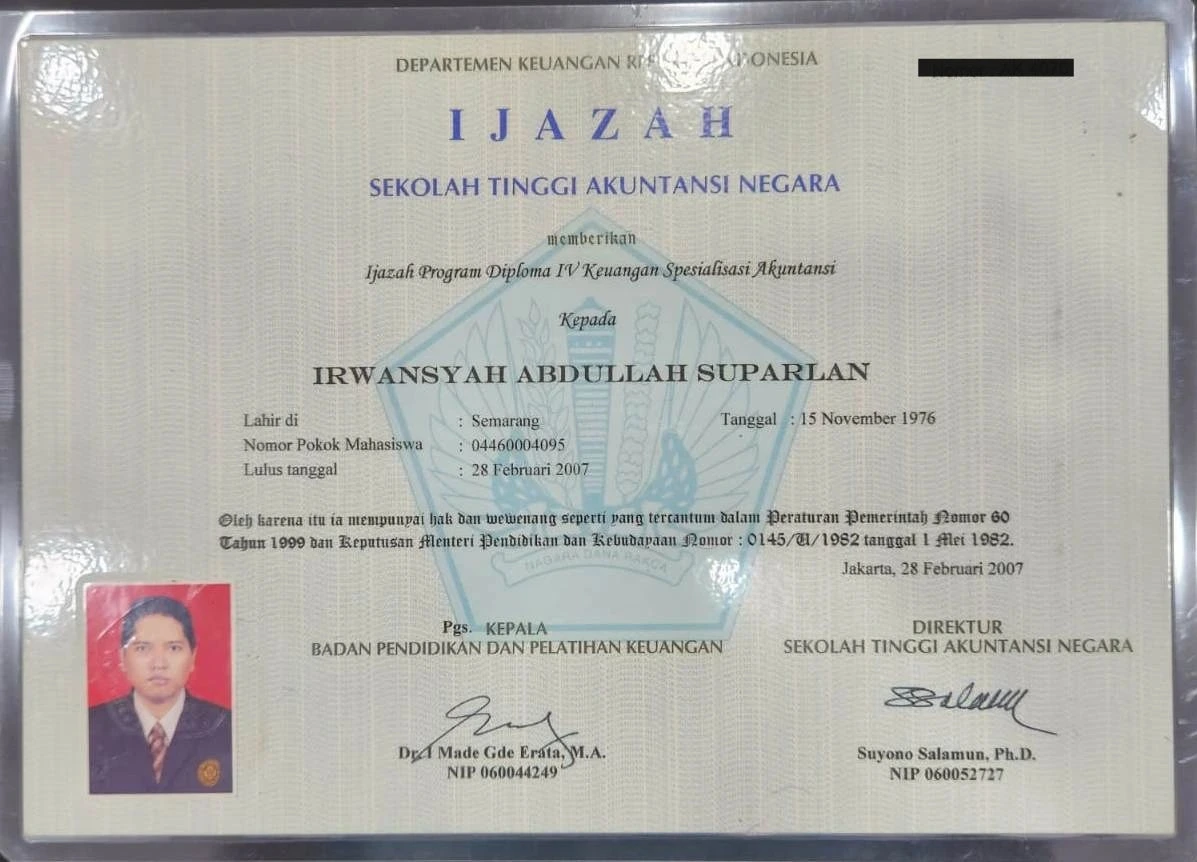 Ijazah D4 Akuntansi Irwansyah AS dari Politeknik Keuangan Negara STAN