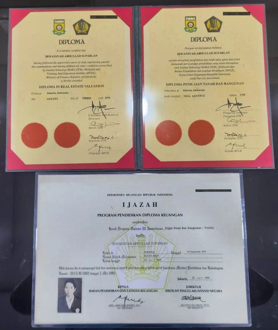 Ijazah D3 Penilai PBB Irwansyah AS dari BPLK dan Institut Teknologi MARA (ITM)