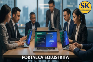 Ilustrasi tim meeting membuka Portal CV Solusi Kita untuk pengelolaan akuntansi pajak berbasis web