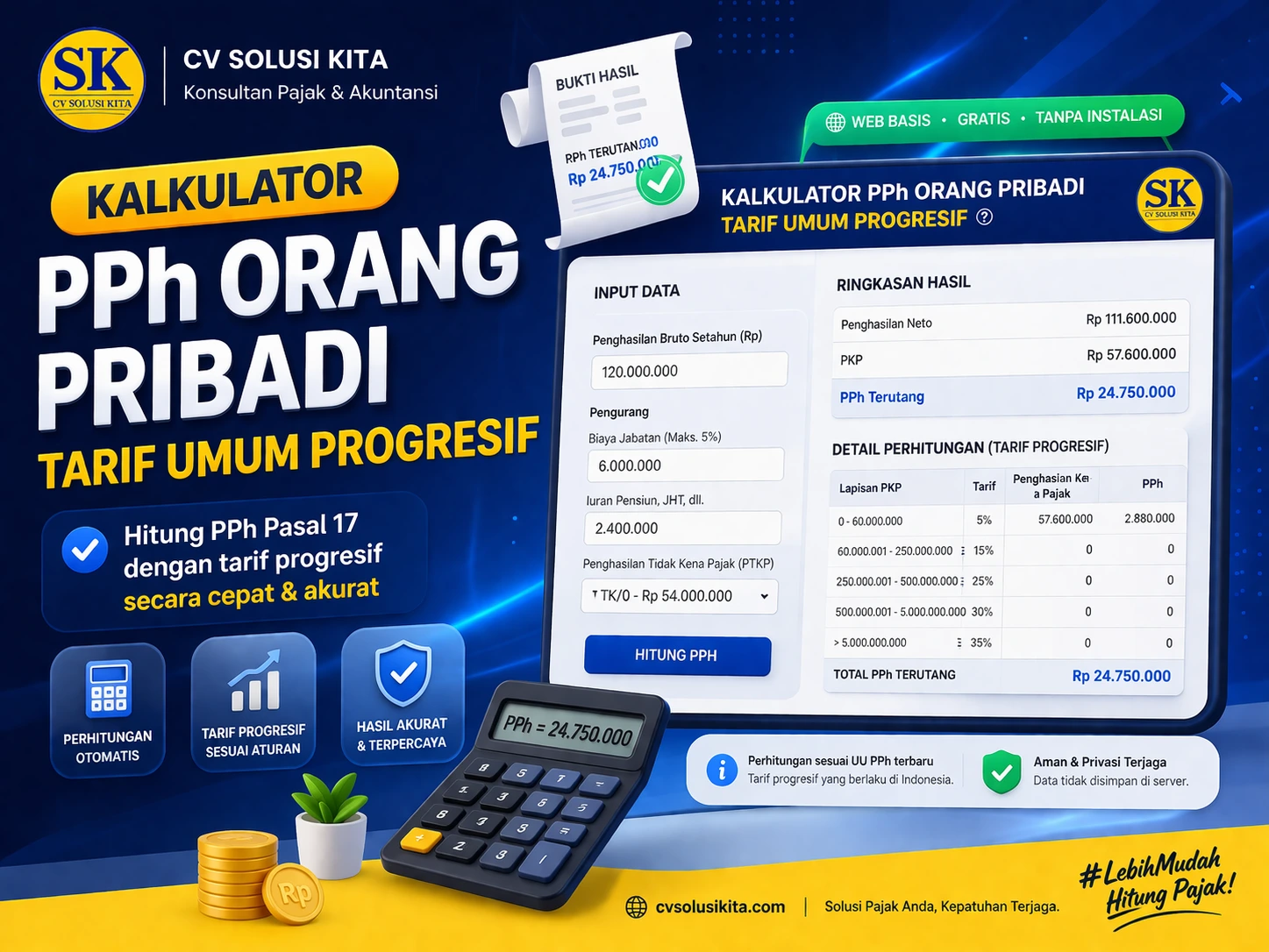 Kalkulator PPh Orang Pribadi Tarif Umum Progresif berbasis web gratis CV Solusi Kita untuk menghitung PPh Pasal 17 secara otomatis