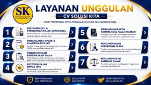 Layanan unggulan konsultan pajak Bandung CV Solusi Kita meliputi SP2DK, pemeriksaan pajak, restitusi PPN dan PPh, serta pembukuan pajak defensibel